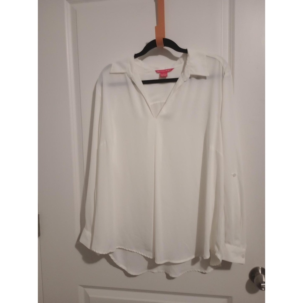 Sunny Leigh Women’s 1X White Blouse Tunic V Neck Collared Long Sleeve 29”
